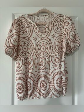 SHEIN Cream Puff Sleeve Peplum Top with Rust Medallion Print
